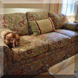 F24. Tapestry fabric custom upholstered sofa. 32”h x 83”w x 36”d 